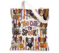 Fun Halloween Scary Papillon Dog Canvas Tote Bag for Shopping 13x15, Cute Style Spooky Reusable Grocery Print Pattern Bag for Women, Holiday Beach Aesthetic Painting Gift Decor