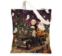 Fun Halloween Sheep Canvas Tote Bag for Shopping 13 * 15, Spooky Haunted House Truck Reusable Grocery Bag for Women, Scary Aesthetic Painting Gift Decor