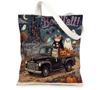 Fun Halloween Siberian Cat Canvas Tote Bag for Shopping 13 * 15 Inch, Scary Kitten Ghost Reusable Grocery Bag for Women, Horror Pumpkin Aesthetic Pattern Gift Decor