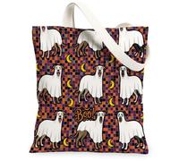 Fun Halloween Whippet Dog Canvas Tote Bag for Shopping 13x15, Funky Scary Puppy Ghost Reusable Grocery Print Bag for Women, Spooky Aesthetic Painting Gift Decor