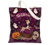 Fun Halloween Whippet Dog Canvas Tote Bag for Shopping 13x15, Scary Coffin Gothic Ghost Reusable Grocery Print Bag for Women, Spooky Beach Aesthetic Painting Gift Decor