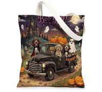 Fun Halloween Wirehaired Pointer Dog Canvas Tote Bag for Shopping 13 * 15, Spooky Haunted House Truck Reusable Grocery Bag for Women, Scary Aesthetic Painting Gift Decor