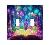Fun Halloween Witch Magic Book Decorative Light Switch Cover Plate 2 Gang Double Toggle, Psychedelic Witchy Potion Electrical Switchplate, Scary Electrical Faceplate for Bedroom Room