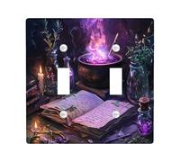 Fun Halloween Witch Magic Book Decorative Light Switch Cover Wall Plate 2 Gang Double Toggle, Psychedelic Witchy Potion Electrical Faceplate for Room, Scary Switchcover Switchplate