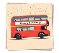 Fun Happy Birthday Card For Loved One - Red London Bus, Confetti - For Son, Daughter, Niece, Nephew, Sister, Brother