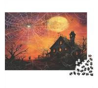 Fun Holiday Pattern,Puzzles Spider Web Haunted House Full Moon Gemusterte Nachhaltige Puzzles Für Erwachsene Hochwertige Holzspielpuzzles 1000pcs (75x50cm)