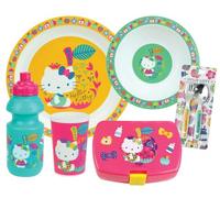 Hello Kitty Children's Crockery Set with 1 x 220 ml Glass, 1 x Deep Plate Diameter 16 cm, 1 Plate Diameter 22 cm, 1 x 350 ml Bottle, 1 Snack Box and 2 Cutlery Height 13.5 cm - Reusable Tableware