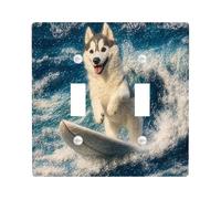 Fun Husky Dog Decorative Switch Cover 2 Gang Double Toggle, Summer Embroidery Surf Chien Switchcover Wall Plate, Puppy Electrical Faceplate for Bedroom Living Room Decor