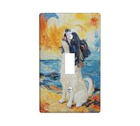 Fun Japanese Chin Dog Decorative Switch Cover 1 Gang Single Toggle, Oil Painting Beaches Chien Switchcover Wall Plate, Puppy Electrical Faceplate for Bedroom Living Room Decor