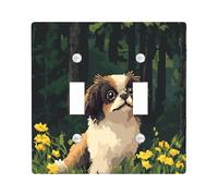 Fun Japanese Chin Dog Decorative Switch Cover Plate 2 Gang Double Toggle, Spring Forest Pixel Chien Electrical Faceplate for Bedroom Bathroom Decor, Puppy Standard Size Switchplate