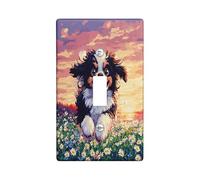 Fun Japanese Chin Dog Switch Cover Wall Plate 1 Gang Single Toggle, Spring Pixel Art Daisy Chien Electrical Faceplate for Bedroom Bathroom Decor, Puppy Standard Size Switchplate