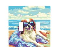 Fun Japanese Chin Dog Switch Cover Wall Plate 2 Gang Double Toggle, Summer Pixel Coastal Chien Electrical Faceplate for Bedroom Bathroom Decor, Puppy Standard Size Switchplate