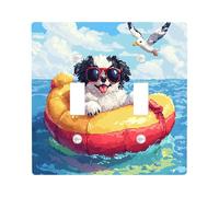Fun Japanese Chin Dog Switch Cover Wall Plate 2 Gang Double Toggle, Summer Pixel Scene Chien Electrical Faceplate for Bedroom Bathroom Decor, Puppy Standard Size Switchplate