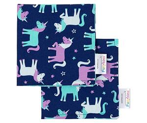 FUN KINS Reusable Cloth Napkins for Kids, 2-Ply, Thick, Absorbent, Durable, Machine Washable, Name Tag, Soft Cotton, Set of 2 (Unicorns)
