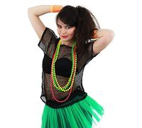 FUN LADIES 80S BLACK FISHNET FANCY DRESS TOP WITH 4 BRIGHT BEADS IN GREEN, PINK, YELLOW & ORANGE 1980'S NEON RAVE DISCO BEADS UK SIZE 16-18