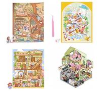 Fun Large Size 3D Miniature Scene 4 Sets of Stickers,DIY House Sticker with Tweezers Make Your Own Cute Cartoon Sticky Pack for Adults Girls Relief Stress Pass The Time,Party Favors Birthday Gift