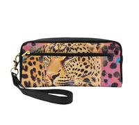 Fun Leopard Print Printed Makeup Bag for Women Travel PU Leather Cosmetic Bag with Wristlet Toiletry Bag