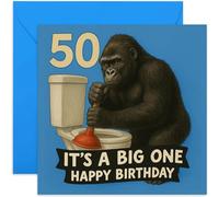 Fun Male 50th Birthday Cards, It's a Big One Gorilla on Toilet Design, For Brother Nephew Godson Son- Square, Blank Inside with Premium Envelope