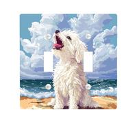 Fun Maltese Dog Decorative Switch Cover Plate 2 Gang Double Toggle, Summer Pixel Art Beaches Chien Electrical Faceplate for Bedroom Bathroom Decor, Puppy Standard Size Switchplate