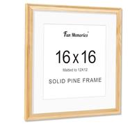 Fun Memories 16x16 Picture Frame, Solid Pine Wood Picture Frame with Tempered Glass, Handcrafted Minimalist 16x16 Wooden Frame Matted to 12x12 Photos, Horizontal or Vertical Wall Mounting, Natural