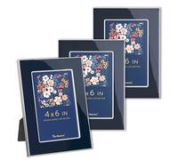 Fun Memories 4x6 Enamel Picture Frame with HD-Tempered Glass, Silver Metal Edge with Easel, Vertical & Horizontal Display, Wall and Tabletop Display Family Photo Gallery (Navy Enamel,3P)