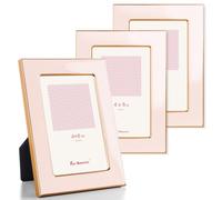 Fun Memories 4x6 Picture Frame - 3pcs Pink Enamel Glass Photo Frame with Gold Metal Edge & Easel for Display Picture Frame on Countertops, Tabletops, Bookshelves, Desks, Walls (Pink/Gold)