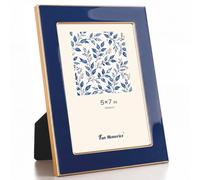 Fun Memories 5x7 Picture Frame - 1pcs Navy Blue Enamel Glass Photo Frame with Gold Metal Edge & Easel for Display Picture Frame on Countertops, Tabletops, Bookshelves, Desks, Walls (Navy/Gold)
