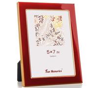 Fun Memories 5x7 Picture Frame - 1pcs Red Enamel Glass Photo Frame with Gold Metal Edge & Easel for Display Picture Frame on Countertops, Tabletops, Bookshelves, Desks, Walls (Red/Gold)