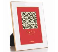 Fun Memories 5x7 Picture Frame - 1pcs White Enamel Glass Photo Frame with Gold Metal Edge & Easel for Display Picture Frame on Countertops, Tabletops, Bookshelves, Desks, Walls (White/Gold)