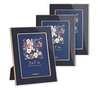 Fun Memories 5x7 Picture Frame - 3pcs Navy Blue Enamel Glass Photo Frame with Gold Edge & Easel for Display Picture Frame on Countertops, Tabletops, Bookshelves, Desks, Walls (Navy/Gold)