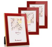 Fun Memories 5x7 Picture Frame - 3pcs Red Enamel Glass Photo Frame with Gold Metal Edge & Easel for Display Picture Frame on Countertops, Tabletops, Bookshelves, Desks, Walls (Red/Gold)