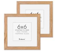 Fun Memories 6x6 Picture Frames, Solid White Oak Wood Frame With Stand for Wall & Tabletop Display, Rustic Wooden Photo 6 by 6 With Real Glass, Matted to 4x4, Natural Color, Set of 2