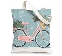 Fun Merry Christmas Bicycle Canvas Tote Bag for Shopping 13 * 15, Cute Xmas Bike Reusable Grocery Bag for Women, Holiday New Year Aesthetic Painting Gift Decor