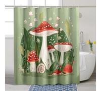 Fun Mushroom Shower Curtain, Sage Green and Red Flora for Spring Summer Bathroom Decor, Fanciful Woodland Waterproof Fabric Shower Curtain Set with Hooks 62x72 Inch