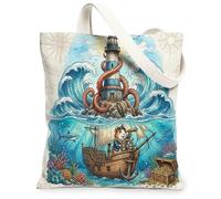 Fun Nautical Guinea Pig Pirate Canvas Tote Bag for Shopping 13x15, Summer Ocean Treasure Reusable Grocery Print Bag for Women, Cool Lighthouse Beach Aesthetic Painting Gift Decor
