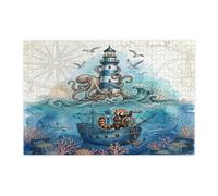 Fun Nautical Red Panda Pirate Jigsaw Puzzles for Adults 1000 Piece, Summer Ocean Treasure Wooden Printed Puzzles, Cool Lighthouse Pattern Decorations for Home Entertainment