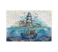Fun Nautical Red Panda Pirate Jigsaw Puzzles for Adults 300 Piece, Summer Ocean Treasure Wooden Printed Puzzles, Cool Lighthouse Pattern Decorations for Home Entertainment