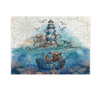 Fun Nautical Red Panda Pirate Jigsaw Puzzles for Adults 500 Piece, Summer Ocean Treasure Wooden Printed Puzzles, Cool Lighthouse Pattern Decorations for Home Entertainment