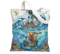 Fun Nautical Squirrel Pirate Canvas Tote Bag for Shopping 13x15, Summer Ocean Treasure Reusable Grocery Print Bag for Women, Cool Lighthouse Beach Aesthetic Painting Gift Decor