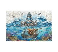 Fun Nautical Squirrel Pirate Jigsaw Puzzles for Adults 1000 Piece, Summer Ocean Treasure Wooden Printed Puzzles, Cool Lighthouse Pattern Decorations for Home Entertainment