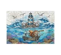 Fun Nautical Squirrel Pirate Jigsaw Puzzles for Adults 300 Piece, Summer Ocean Treasure Wooden Printed Puzzles, Cool Lighthouse Pattern Decorations for Home Entertainment