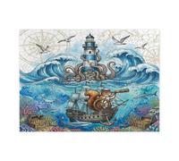 Fun Nautical Squirrel Pirate Jigsaw Puzzles for Adults 500 Piece, Summer Ocean Treasure Wooden Printed Puzzles, Cool Lighthouse Pattern Decorations for Home Entertainment