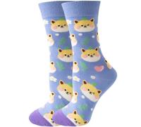 Fun Novelty Socks for Women Men - Cute Pink Flamingo, Unicorn, Dinosaur, Sloth & Koala Animal Print Crew Socks,Funny Fruit Flower Colorful Gifts for Girls Teens (Lilac Shiba Inu)