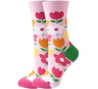 Fun Novelty Socks for Women Men - Cute Pink Flamingo, Unicorn, Dinosaur, Sloth & Koala Animal Print Crew Socks,Funny Fruit Flower Colorful Gifts for Girls Teens (Pink Flowers)