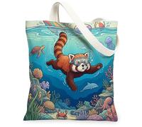 Fun Ocean Red Panda Diving Canvas Tote Bag for Shopping 13 * 15, Summer Sea Coastal Animal Reusable Grocery Bag for Women, Cool Underwater Beach Aesthetic Painting Gift Decor