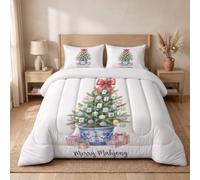 Fun Oriental Christmas Tree Reversible Coverless Duvet Super King 7.5 Tog | White Cute Mahjong Colored Balls Quilt Comforter Set Soft Lightweight Warm All Seasons Washable 260X240Cm Bedding Set