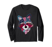 Fun Patchwork Raccoon Face with Colorful Patterns Long Sleeve T-Shirt