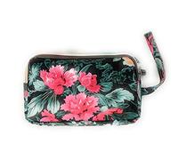 Fun PVC Canvas Wallet Purse Pouch Triple Zip w/Wrist Strap Wristlet Clutch Bag Xmas Bday Gift (Fuchsia Pink and Green Camellia)