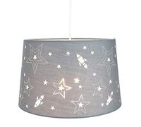 Fun Rockets and Stars Childrens/Kids Grey Cotton Bedroom Pendant or Lamp Shade Creates Stunning Effect Against The Wall by Happy Homewares