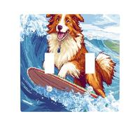 Fun Rough Collie Dog Switch Cover Wall Plate 2 Gang Double Toggle, Summer Pixel Art Surf Chien Electrical Faceplate for Bedroom Bathroom Decor, Puppy Standard Size Switchplate
